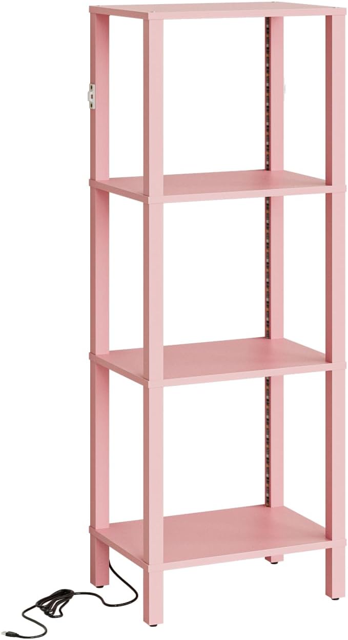Open Book Shelf with LED Lights, 4 Tier Small Bookshelf, Freestanding Shelf Narrow Bookcase with Open Shelves, 14.96" x 10.63" x 41.26", Book Shelves for Living Room, Office, Study, Pink