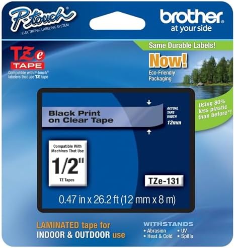 Brother Genuine P-touch TZE-131 Tape, 1/2" (0.47") Standard Laminated P-touch Tape, Black on Clear, Perfect for Indoor or Outdoor Use, Water Resistant, 26.2 Feet (8M), Single-Pack