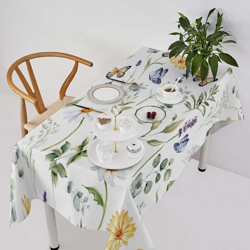 Watercolor Wildflowers Tablecloth, Summer Daisy Lavender Eucalyptus Branches Leaves Print Table Cover for Tea Party Weddings Indoor Outdoor Dining 60x120in
