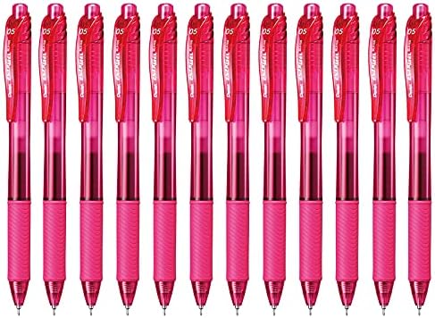 Pentel EnerGel-X Retractable Liquid Gel Pen (0.5mm) Needle Tip, Fine Line, Pink Ink, Box of 12 (BLN105-P)