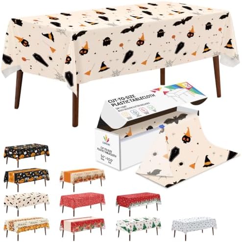 CXPSINC 54 Inch X 100 Feet Plastic Table Cover Roll Disposable Halloween Tablecloth with Slide Cutter Ghost Bat Plistic Table Covers for Halloween Party Decorations(Halloween Beige, 100 Feet)
