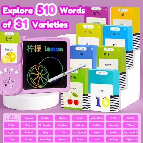 Writing Tablet with Bilingual Flash Cards for Kids, Chinese Pink