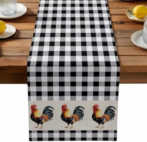 Farm Animals Chicken Table Runner Dresser Scarf 13 x 60 Inch Black White Buffalo Plaid Linen Table Runners Non-Slip Heat Resistant Kitchen Dining Table Decor for Home Holidays Indoor Outdoor