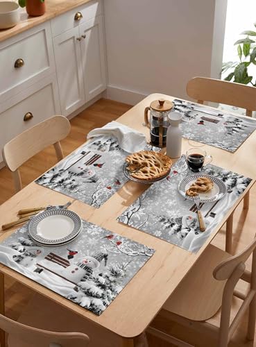 Winter Christmas Placemats Set of 6, Cute Snowman Cardinals Heat Resistant Washable Table Place Mats GreySnowy Pine Forest Cotton Table Linens Party Holiday Decor for Kitchen Dining Outdoor Indoor