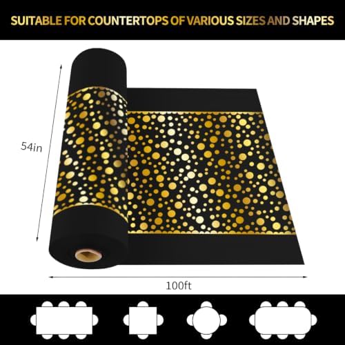 CXPSINC 54 Inch X 100 Feet Plastic Table Cover Roll Disposable Tablecloth with Slide Cutter for All Type/Shape Tables | Party, Banquet, Birthdays, Weddings(Black Golden Dot, 100 Feet)