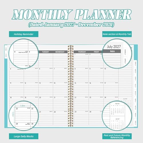 2027-2031 Monthly Planner, 5 Year Monthly Planner/Calendar 2027-2031, 60-Month Jan 2027 – Dec 2031, 9" x 11", Tabs, Double-Side Pocket, Holidays, Thick Paper - Blue