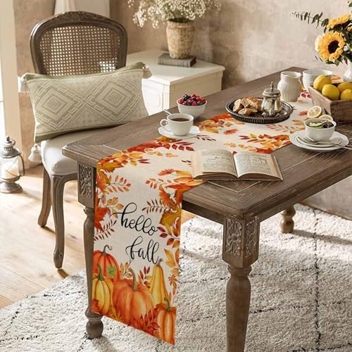 Fall Pumpkin Table Runner Dresser Scarf 13 x 120 Inch Harvest Orange Maple Leaves Table Runners Non-Slip Heat Resistant Kitchen Dining Table Decor for Autumn Thanksgiving Holidays Indoor Outdoor