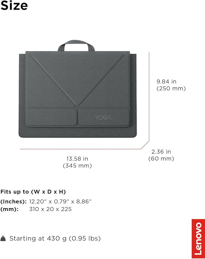 Lenovo Yoga Tote Sleeve Case for Laptops with 14-inch Display, Multi-Compartment Organizer with Convertible Stand, Lightweight Protective Polyester & Microfiber Sleeve, Luna Grey