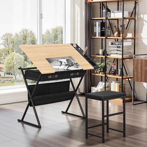 VECELO Drafting Table Art Desk Art Table Adjustable Drawing Table Tilted Tabletop with 2 Storage Drawers and Stool, Drawing Desk for Artist Painters Drawing, Crafting, Reading, Writing, Natural
