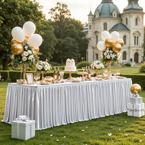 Wish Care 6ft Silver Satin Table Skirt for Rectangle Tables Wrinkle Free Teacher Desk Skirt Glitter Ruffle Table Skirting Cloth for Back to School Classroom Office Dorm Birthday Party Table Decor