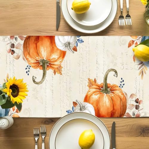 Fall Orange Blue Pumpkin Table Runner Dresser Scarf 13 x 72 Inch Eucalyptus Leaf Retro Thanksgiving Table Runners Non-Slip Heat Resistant Kitchen Dining Table Decor for Autumn Holidays Indoor Outdoor