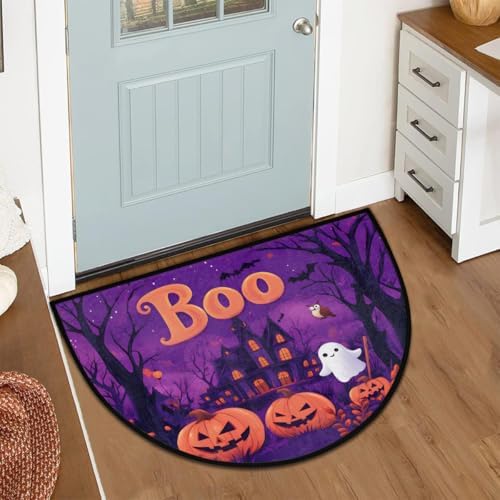 Halloween Castle Pumpkin BOO Half Round Door Mat, Non-Slip Welcome Indoor Entrance Way Rug Semi Circle Front Doormats Washable Bathroom Kitchen Floor Mat, Outdoor Rugs for Garage, Patio, Hearth Rug