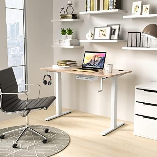 COSTWAY Crank Standing Desk Frame, Manual Hand Crank Workstation Base, Ergonomic Sit to Stand Base w/Foldable Crank Handle, Hook, Cable Management Rack (White)