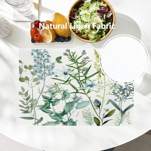 Batmerry Summer Green Sage Linen Placemats Set of 4, Vintage Plant Leaves Elegant Blue Wild Flowers Washable Table Mats for Kitchen Table Thickened Heat Insulation Dining Set Indoor Outdoor 12X18 in