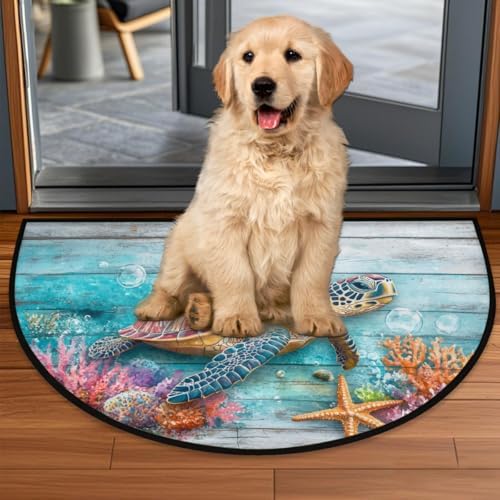 Ocean Wood Turtle Starfish Half Round Door Mat, Non-Slip Welcome Indoor Entrance Way Rug Semi Circle Front Doormats Washable Bathroom Kitchen Floor Mat, Outdoor Rugs for Garage, Patio, Hearth Rug