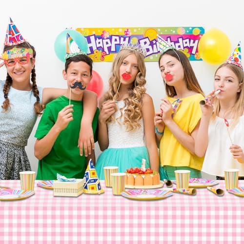 CXPSINC 54 Inch X 300 Feet Plastic Table Cover Roll Disposable Tablecloth with Slide Cutter for All Type/Shape Tables | Party, Banquet, Birthdays, Weddings(Pink Checkered, 300 Feet)