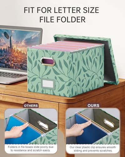 Oterri File Organizer with Lid, File Box, File Cabinet for Letter File Folder Storage, Hanging File Organizer for Office/Decor/Home,Document Organizer, 1 Pack,Leaf Green-Box Only