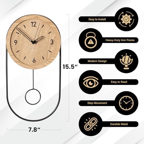 Clockswise 16-Inch Decorative Wall Clock Step Movement Mechanism Metal Frame Wooden Dial and Pendulum Design Battery-Operated Timepiece for Living Room Hallway or Office Décor, Natural Brown