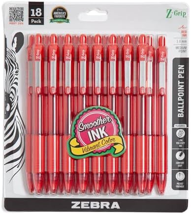 Zebra Pen Z-Grip Retractable Ballpoint Pen, Red Ink, 1.0mm, 18-Pack