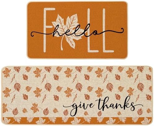 Baccessor Maple Leaves Fall Kitchen Rugs Set of 2, Autumn Leaves Kitchen Mats for Floor Low-Profile Fall Thanksgiving Home Decor 17x29 and 17x47 Inch