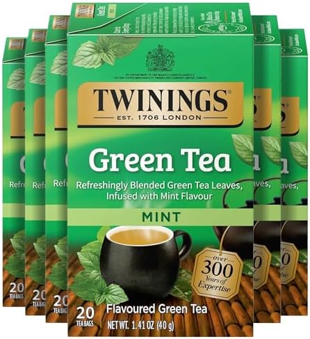 Twinings Green Tea with Mint Individually Wrapped Bags, 20 Count (Pack of 6), Invigorating Aroma, Caffeinated, Enjoy Hot or Iced, 120 Teabags