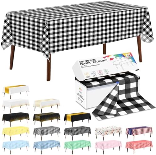 CXPSINC 54 Inch X 300 Feet Plastic Table Cover Roll Disposable Tablecloth with Slide Cutter for All Type/Shape Tables | Party, Banquet, Birthdays, Weddings(Black Checkered, 300 Feet)
