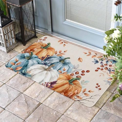Fall Door Mat Orange Blue Pumpkin Doormat Autumn Floral Maple Leaves Harvest Thanksgiving Welcome Mat Non Slip Rubber Entryway Front Rug Floor Mat for Indoor Outdoor Kitchen Autumn Holiday Decor 20x32
