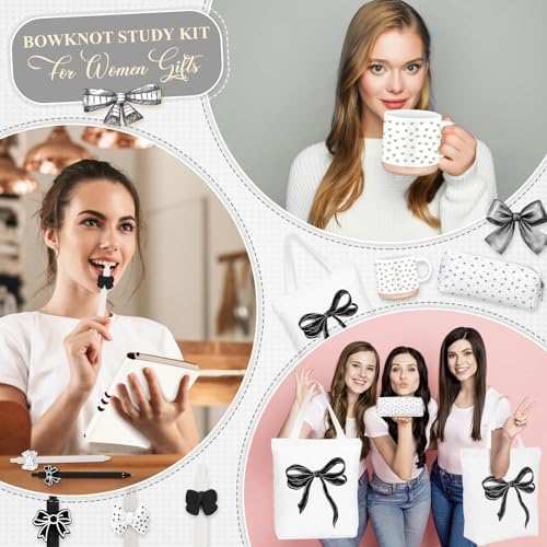 Reallnaive 25 Pcs Black Bow Stationery Gift Set for Women, Coquette School Supplies Box with Mug A6 Notebook Tote Bag Pens Highlighters Pencil Pouch, Cute Desk Accessories for Back to School, Birthday