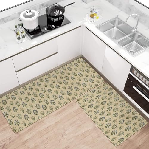 Spring Summer Farmhouse Kitchen Rugs and Mats Set of 2,Blue Green Vintage Boho Floral Farmhouse Non Slip Washable Floor Sink Mats Decorations for Home Kitchen 18"x48"+18"x30"