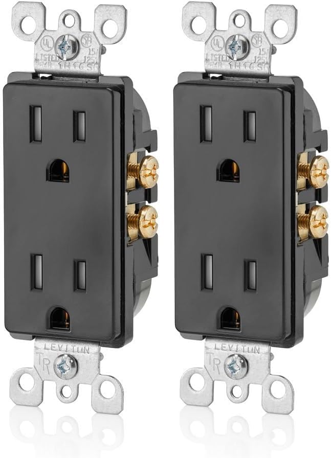 Leviton 15 Amp Decora Tamper-Resistant Duplex Electrical Wall Outlet, T5325-E, Black, (Pack of 2)