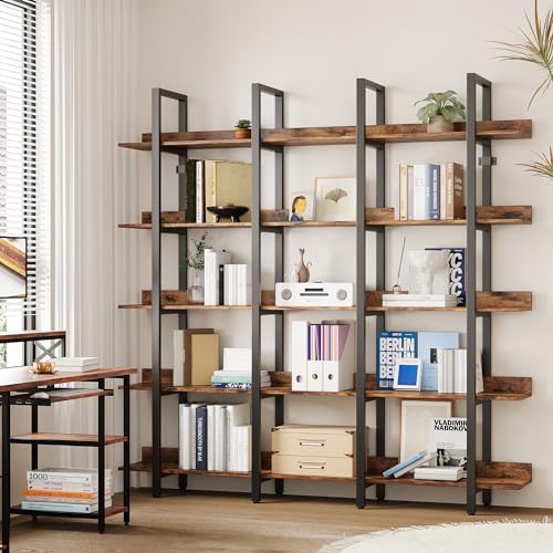 IRONCK Book Shelf Triple Wide Bookshelves 5 Tiers with Back Fence