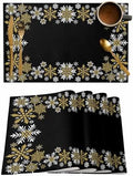 Gold White Snowflakes Chriatmas Placemats Set of 4, Winter Xmas Holiday Heat Resistant Washable Table Place Mats Black Cotton Table Linens Party Holiday Decor for Kitchen Dining Outdoor Indoor
