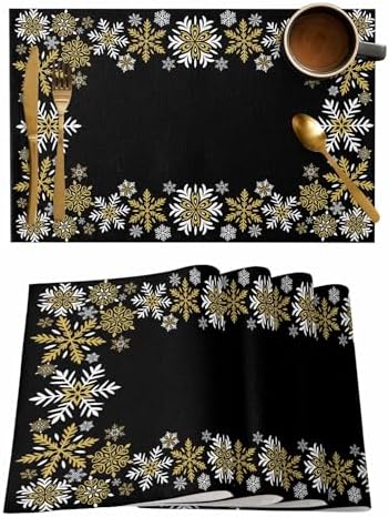 Gold White Snowflakes Chriatmas Placemat 1PC, Winter Xmas Holiday Heat Resistant Washable Table Place Mats Black Cotton Table Linens Party Holiday Decor for Kitchen Dining Outdoor Indoor