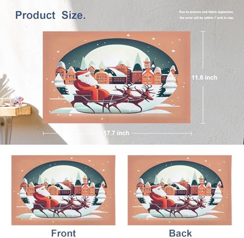 Batmerry Christmas Santa Claus Linen Placemats Set of 4, Reindeer Winter Cityscape Orange Washable Table Mats for Kitchen Table Thickened Heat Insulation Dining Set Indoor Outdoor 12X18 in