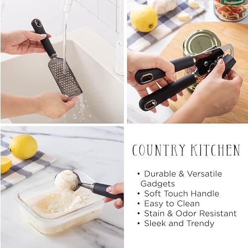 Country Kitchen 6 Pc Essentials Kitchen Stainless Steel Gadget Set Black Gun Metal with Soft Touch Black Handles for Cooking