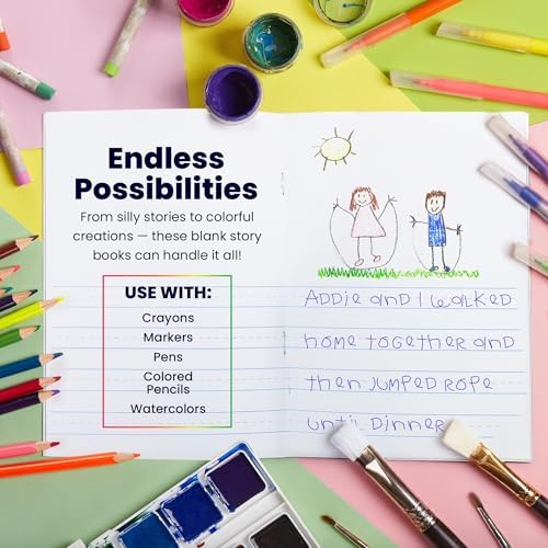 Hygloss Half Blank Books for Kids to Write Stories & Illustrate – Bulk 48 Pack – 5.5" x 8.5" A5 – Primary Journal for Grades K-2, Preschool/Kindergarten Notebook with Picture Space – 24 Pages, White