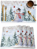 Snowman Placemat 1PC, Blue Merry Christmas Tree Red Balls Squirrel Heat Resistant Washable Table Place Mats Winter Cotton Table Linens Party Holiday Decor for Kitchen Dining Outdoor Indoor