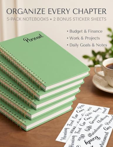 5 Pack Hardcover Spiral Notebooks, 8.3" x 6.3" Lined Journal Set, 100 GSM Bleed-Resistant Paper, 200 Pages Twin-Wire Bound Notebook with Elastic Band & Category Stickers for Office, School