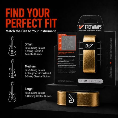 Gruv Gear Fret Wrap & Guitar Mute, Fretwrap for Acoustic, Electric & Bass | String Dampener Recording, Tapping & Practice Accessory (1 Pack, Small Gold, Fits 4 String Bass, 6 String Guitar)
