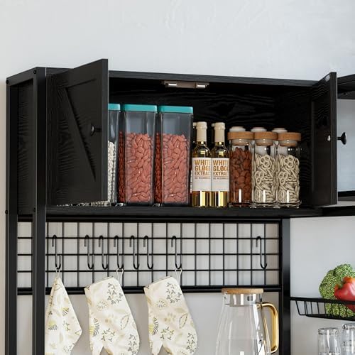 IRONCK Bakers Rack with Cabinet and Power Outlet, Coffee Bar, Vintage Black