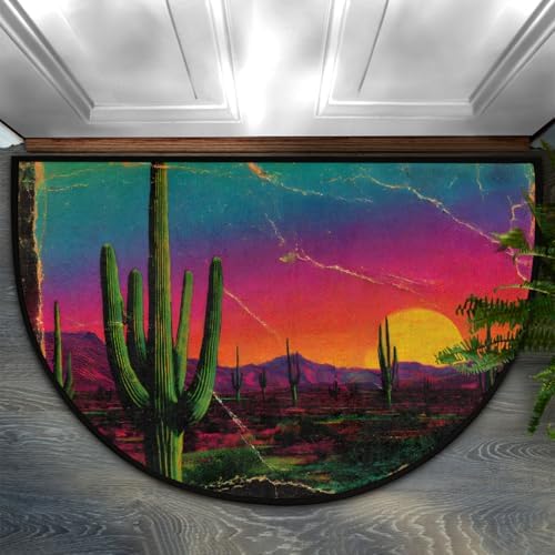 Sunset Cactus Mountain Half Round Door Mat Non Slip Washable Semi Circle Area Rug Absorbent Soft Half Moon Rug Floor Mat for Indoor Outdoor Kitchen Bathroom Patio Front Door Mat Decor,E632