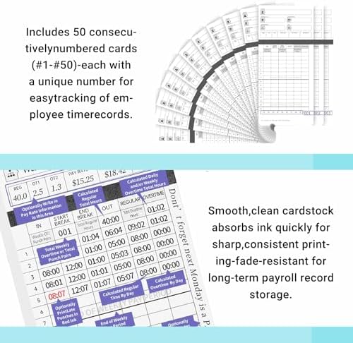600 Time Cards Includes 2 Replacement Ink Ribbons for HN4000 Employee Time Clocks – Compatible with uPunch HN4000,HN2000, HN2500, HN4500 – Pre-Punched, Cards Numbered 1–50,