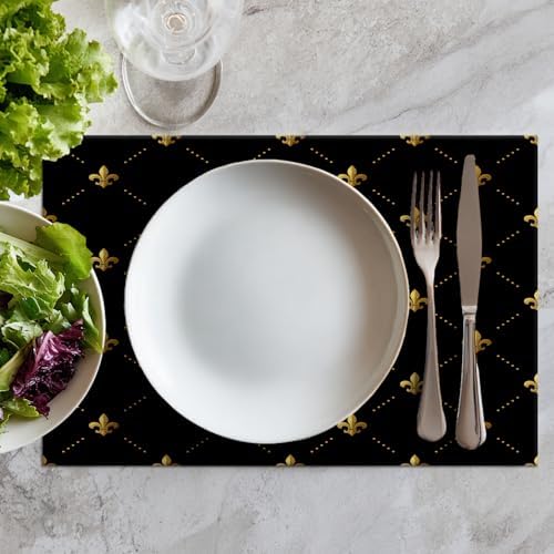 Batmerry Gold Black French Linen Placemats Set of 8,Flowers Golden Fleur De Lis Black Gold from Art Washable Table Mats for Kitchen Table Thickened Heat Insulation Dining Set Indoor Outdoor 12X18 in