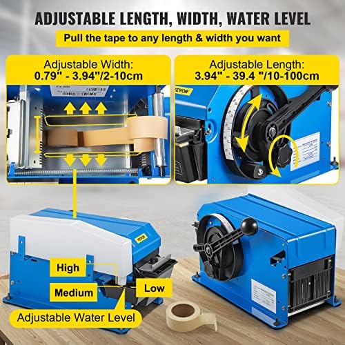 VEVOR Water-Activated Tape Dispenser, Maximum 39.4" x 3.94" Tape, Adjustable Length, Width & Water Level, Manual Tape Dispenser w/Water Brush, Carton Packaging for Express Box, Gift Box