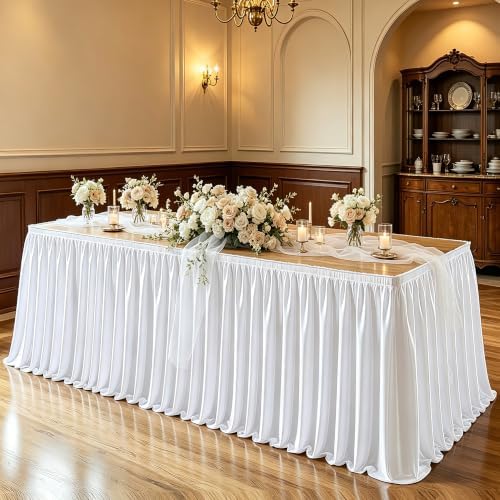 Wish Care 6ft White Satin Table Skirt for Rectangle Tables Wrinkle Free Teacher Desk Skirt Glitter Ruffle Table Skirting Cloth for Office Wedding Birthday Baby Shower Party Banquet Table Decorations