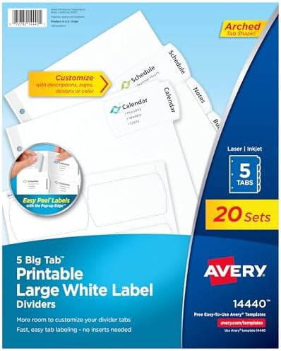 Avery Big Tab Printable Large White Label Dividers for 3 Ring Binders, 5 Tabs per Set, White, Great for Office Supplies, School Supplies, Organizing, and More (20 Sets of 14440)