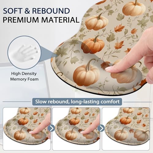 Pumpkin Wrist Rest Support for Mouse Pad Keyboard Set, Autumn Maple Leaves Mouse Pad with Non Slip Rubber Base for Home and Office Typing Support