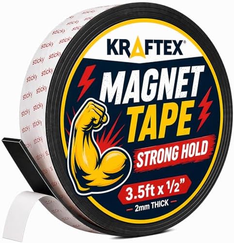 Kraftex Magnetic Tape: 3.5ft x 1/2" Magnetic Strips with Adhesive Backing. Sticky, Flat Magnets for Crafts, Magnet Labels & Stickers. Magnets with Adhesive Backing Great for Home, School and Office