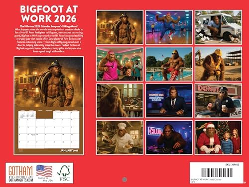 Bigfoot At Work Calendar 2026 Monthly Wall Calender 12 Month | American Made In The USA