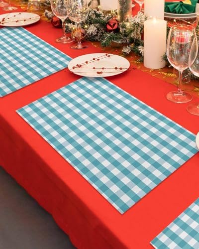 Rustic Teal White Buffalo Check Plaid Pattern Placemats Set of 6, Farmhouse Heat Resistant Washable Table Place Mats Cotton Table Linens Party Holiday Decor for Kitchen Dining Outdoor Indoor